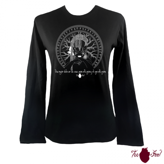 Camiseta mujer manga larga negra. Vikinga, blanco. Toofeel