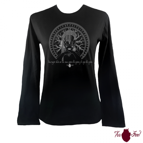 Camiseta mujer manga larga negra. Vikinga, gris. Toofeel