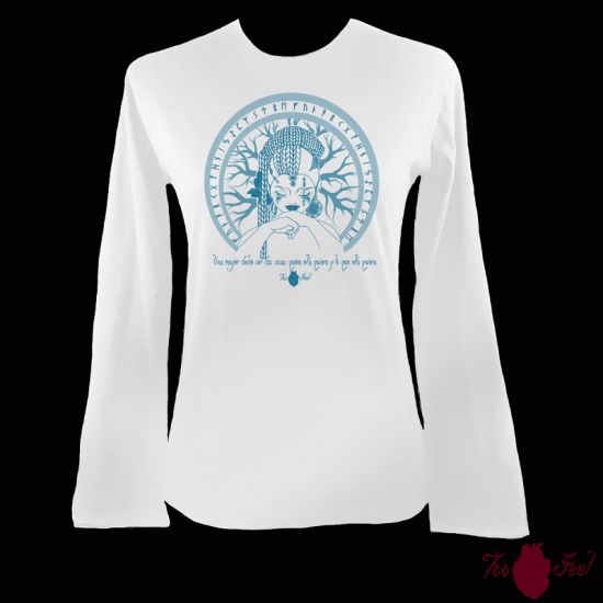 Camiseta mujer manga larga blanca. Vikinga, azul. Toofeel