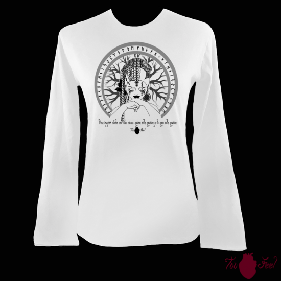 Camiseta mujer manga larga blanca. Vikinga, negro. Toofeel