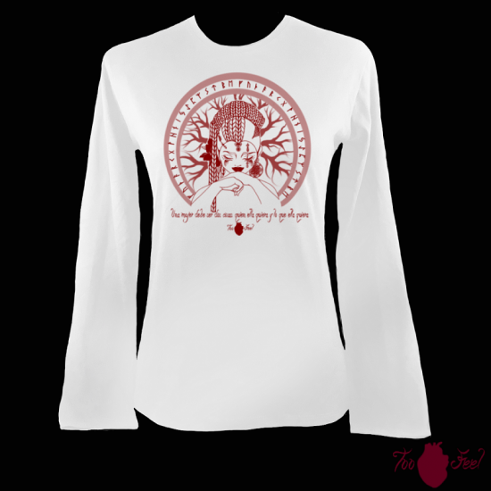 Camiseta mujer manga larga blanca. Vikinga, rojo. Toofeel