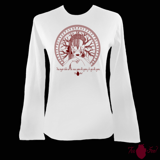 Camiseta mujer manga larga blanca. Vikinga, granate. Toofeel