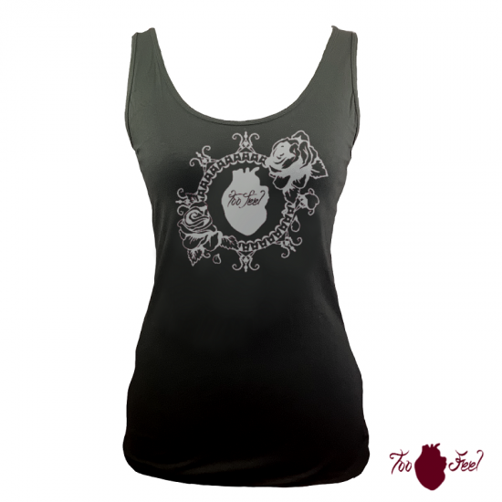 Camiseta tirantes, negra. Logotipo gris, toofeel moda alternativa