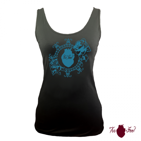 Camiseta tirantes, negra. Logotipo azul, toofeel moda alternativa