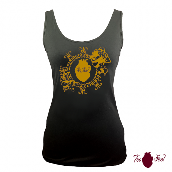 Camiseta tirantes, negra. Logotipo ámbar, toofeel moda alternativa