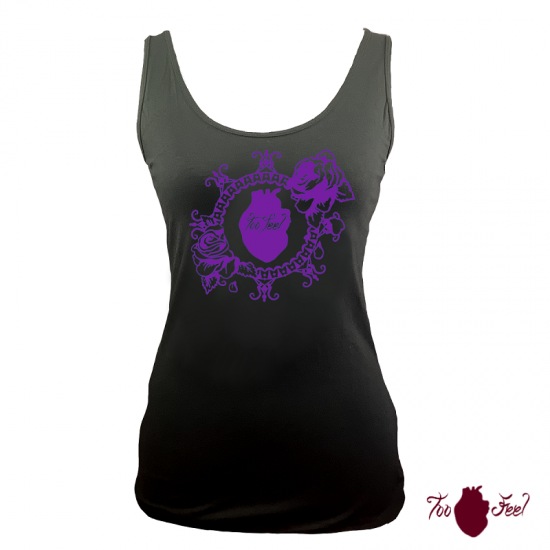 Camiseta tirantes, negra. Logotipo morado, toofeel moda alternativa