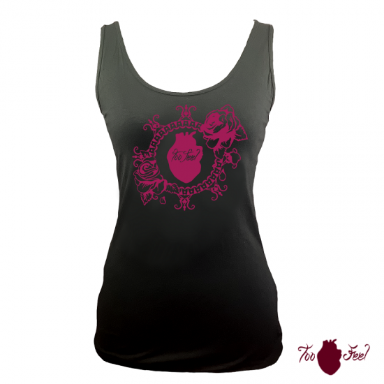 Camiseta tirantes, negra. Logotipo rosa, toofeel moda alternativa