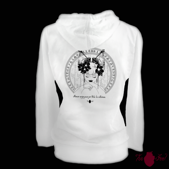 Sudadera mujer, blanca. Japonesa, negro. Toofeel moda alternativa