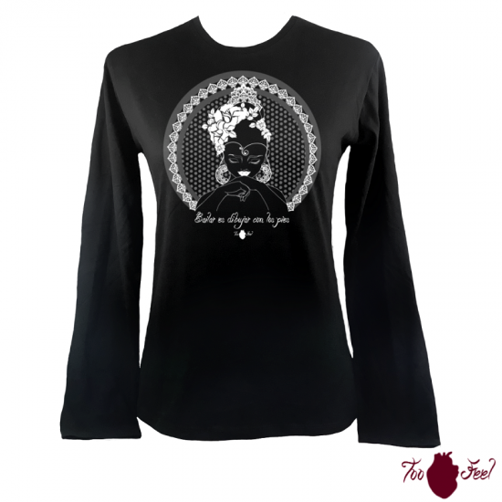 Camiseta mujer manga larga negra. Flamenca, blanco. Toofeel