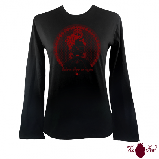 Camiseta mujer manga larga negra. Flamenca, rojo. Toofeel
