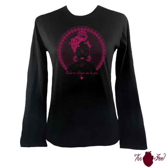 Camiseta mujer manga larga negra. Flamenca, rosa. Toofeel