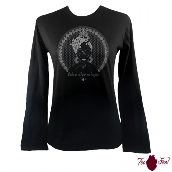 Camiseta mujer manga larga negra. Flamenca, gris. Toofeel