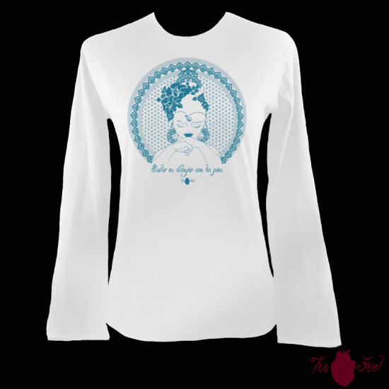 Camiseta mujer manga larga blanca. Flamenca, azul. Toofeel
