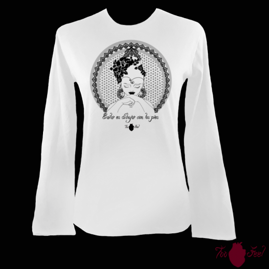 Camiseta mujer manga larga blanca. Flamenca, negro. Toofeel