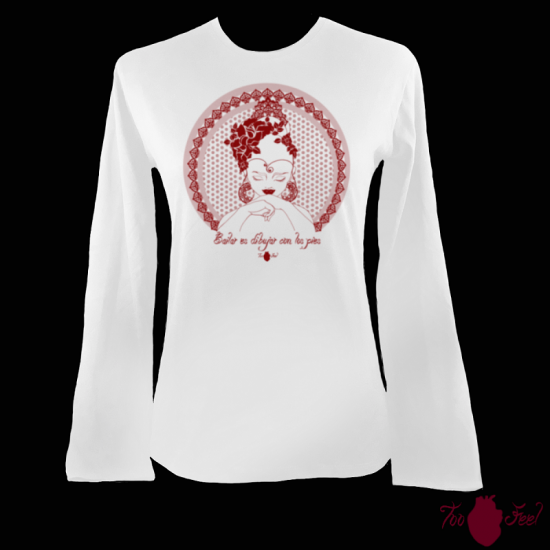 Camiseta mujer manga larga blanca. Flamenca, rojo. Toofeel