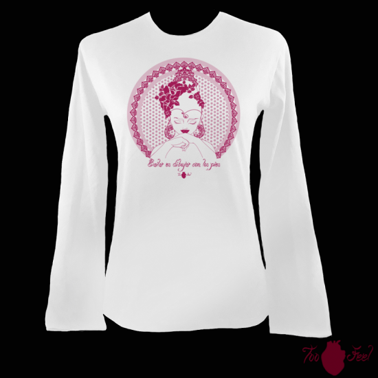 Camiseta mujer manga larga blanca. Flamenca, rosa. Toofeel