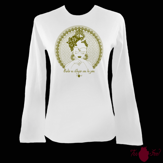 Camiseta mujer manga larga blanca. Flamenca, verde. Toofeel