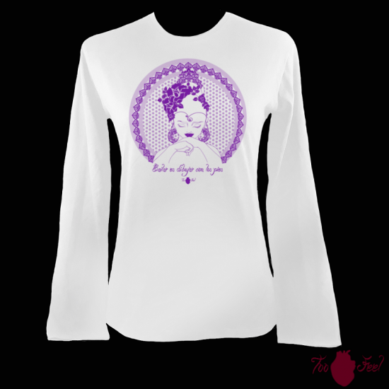 Camiseta mujer manga larga blanca. Flamenca, morado. Toofeel