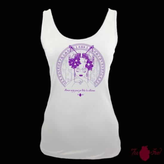 Camiseta tirantes, blanca. Japonesa, morado.Toofeel