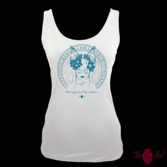 Camiseta tirantes, blanca. Japonesa, azul. Toofeel