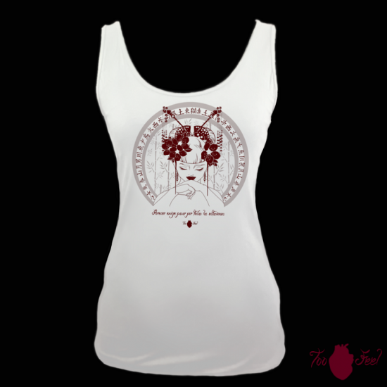 Camiseta tirantes, blanca. Japonesa, granate. Toofeel