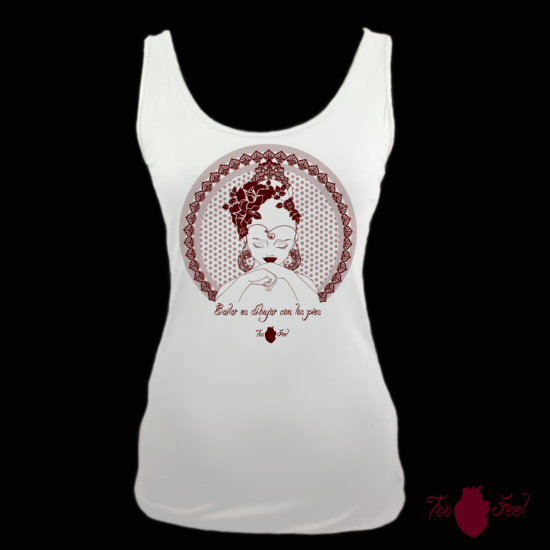 Camiseta tirantes, blanca. Flamenca, granate. Toofeel