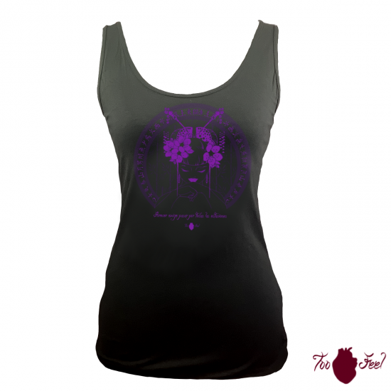 Camiseta tirantes, negra. Japonesa, morado. Toofeel