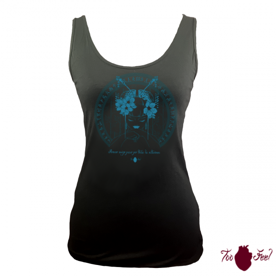 Camiseta tirantes, negra. Japonesa, azul. Toofeel