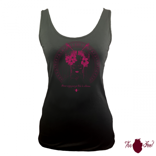 Camiseta tirantes, negra. Japonesa, rosa. Toofeel