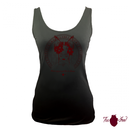 Camiseta tirantes, negra. Japonesa, granate. Toofeel