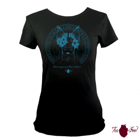 Camiseta manga corta negra. Japonesa, azul. Toofeel