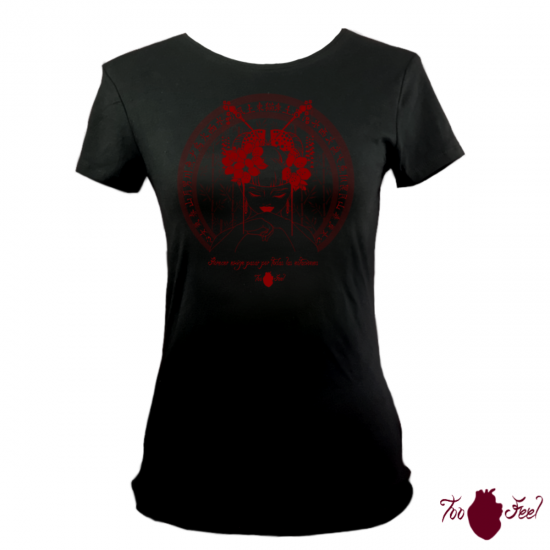 Camiseta manga corta negra. Japonesa, rojo. Toofeel