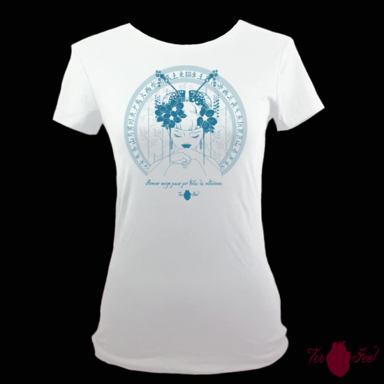 Camiseta manga corta blanca. Japonesa, azul. Toofeel