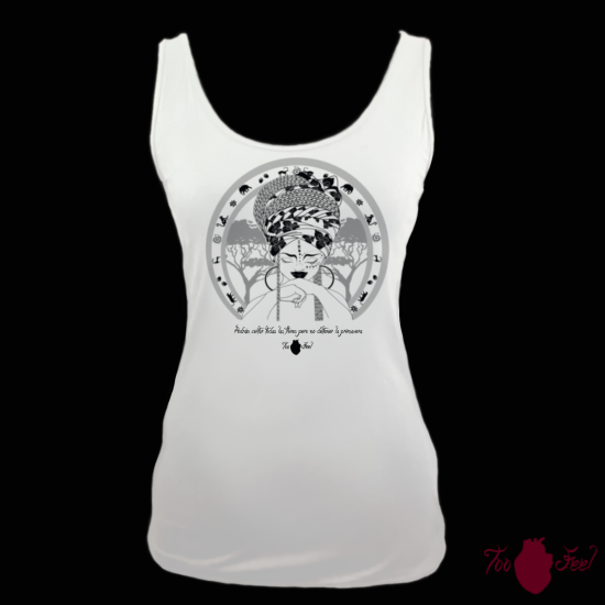 Camiseta tirantes, blanca. Africana, negro. Toofeel