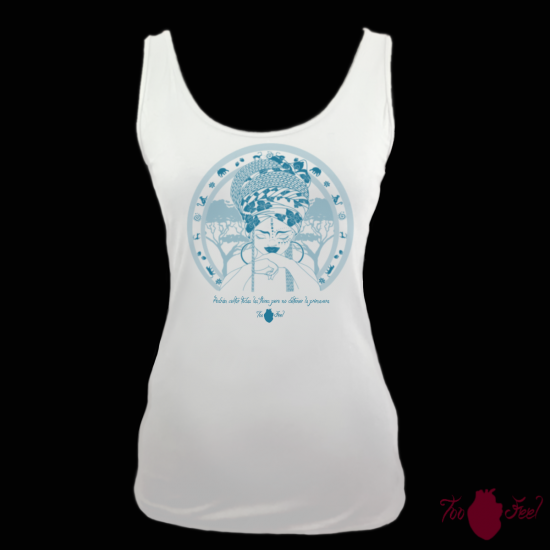Camiseta tirantes, blanca. Africana, azul. Toofeel