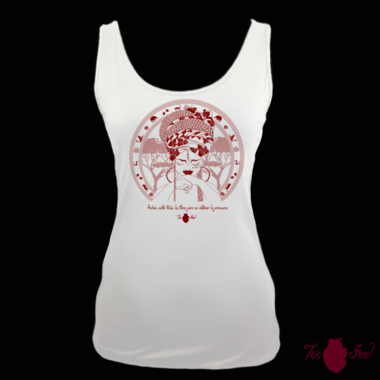 Camiseta tirantes, blanca. Africana, rojo. Toofeel