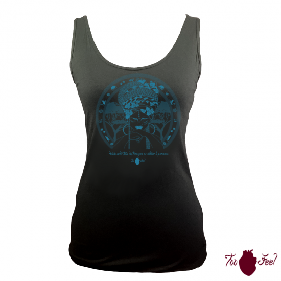 Camiseta tirantes, negra. Africana, azul. Toofeel