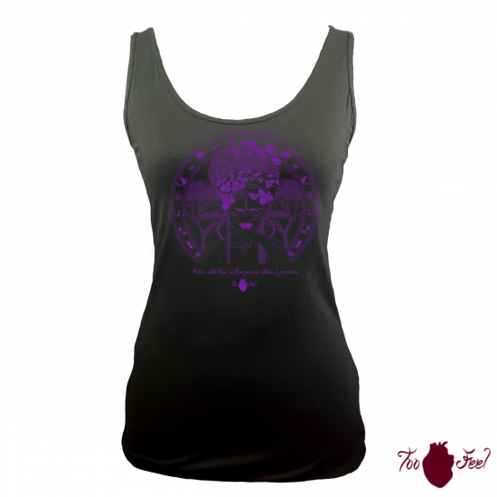 Camiseta tirantes, negra. Africana, morado. Toofeel