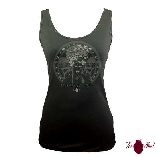 Camiseta tirantes, negra. Africana, gris. Toofeel