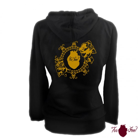 Sudadera mujer, negra. Logotipo grande, ámbar. Toofeel moda alternativa