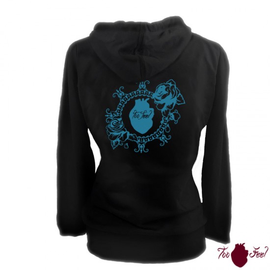 Sudadera mujer, negra. Logotipo grande, azul. Toofeel moda alternativa
