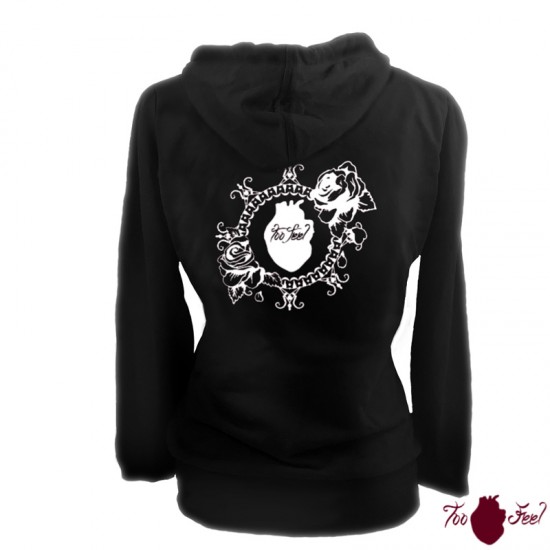 Sudadera mujer, negra. Logotipo grande, blanco. Toofeel moda alternativa