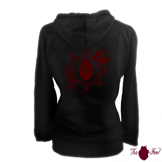 Sudadera mujer, negra. Logotipo grande, granate. Toofeel moda alternativa
