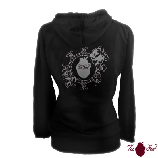 Sudadera mujer, negra. Logotipo, gris. Toofeel moda alternativa