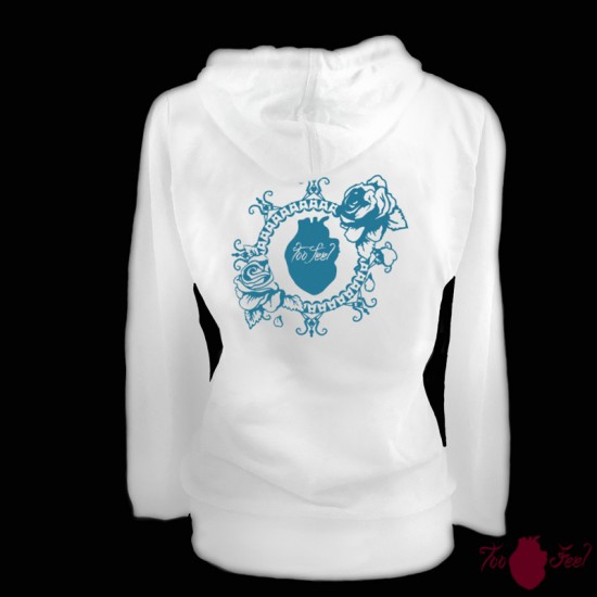 Sudadera mujer, blanca. Logotipo, azul. Toofeel moda alternativa