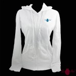 Sudadera mujer, blanca. Logotipo, azul. Toofeel moda alternativa