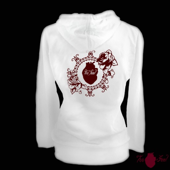 Sudadera mujer, blanca. Logotipo, granate. Toofeel moda alternativa