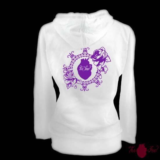 Sudadera mujer, blanca. Logotipo, morado. Toofeel moda alternativa