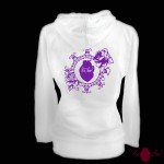 Sudadera mujer, blanca. Logotipo, morado. Toofeel moda alternativa