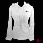 Sudadera mujer, blanca. Logotipo, morado. Toofeel moda alternativa
